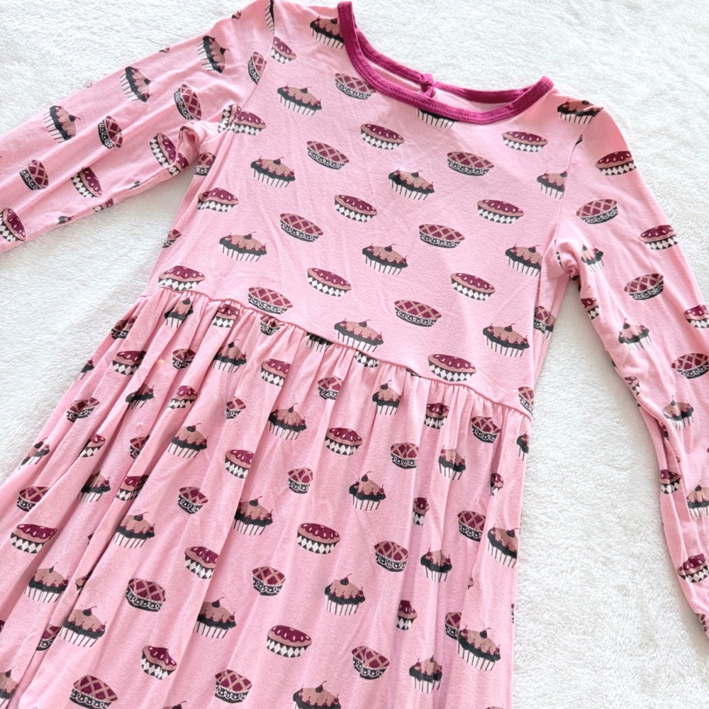 KicKee Pants Kids Pink Bamboo Viscose Pie Cupcake Print Long‎ Sleeve Dress 4T